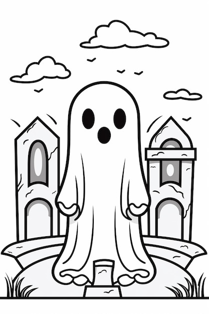 a black and white drawing of a ghost standing in front of a house generative ai