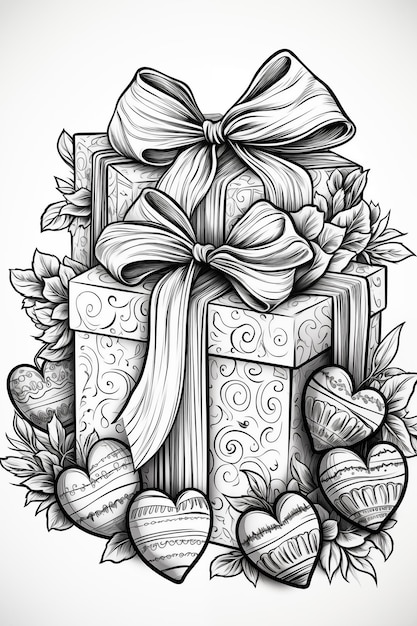 Photo a black and white drawing of a gift wrapped in gold foil