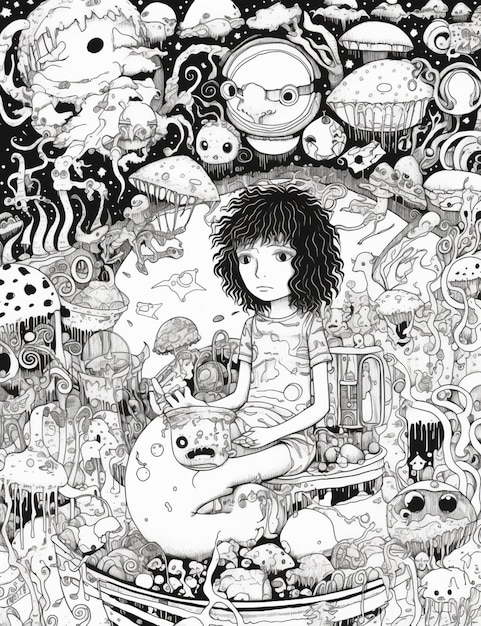 a black and white drawing of a girl sitting in a boat surrounded by monsters generative ai