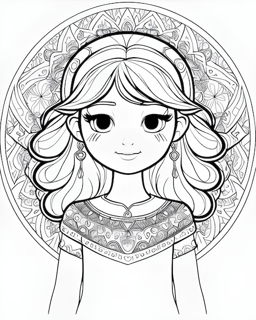 a black and white drawing of a girl with long hair and a flowered background