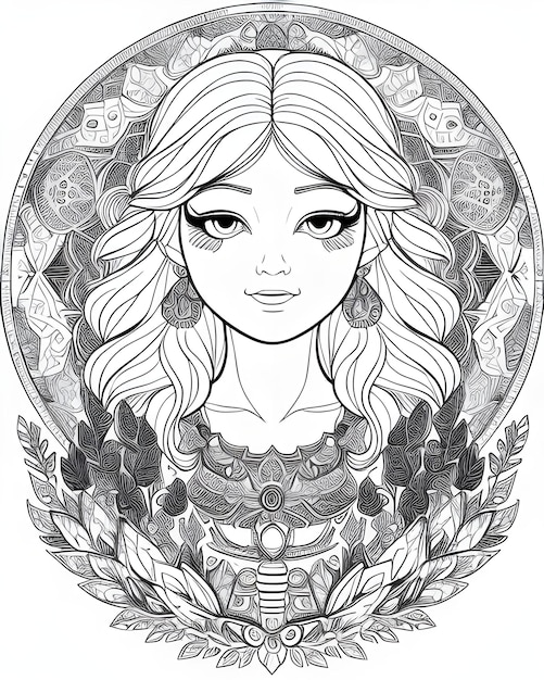 a black and white drawing of a girl with long hair and flowers