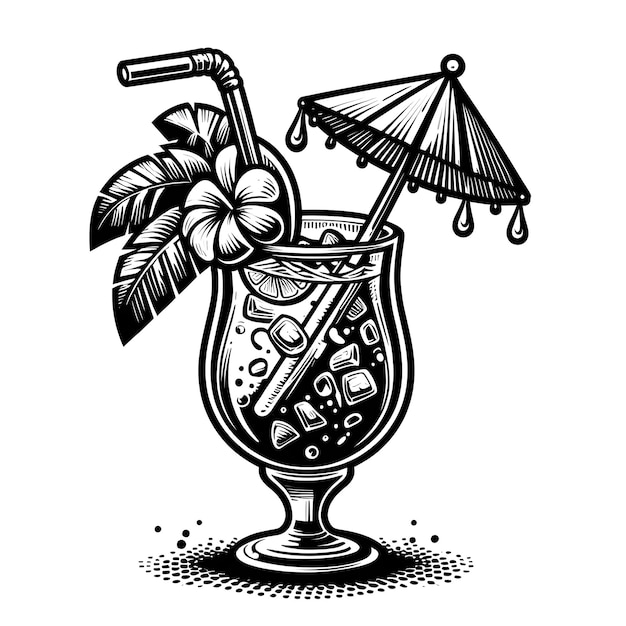 Photo a black and white drawing of a glass with a straw and an umbrella