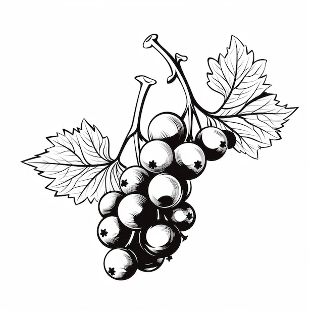 a black and white drawing of grapes with leaves on a branch generative ai