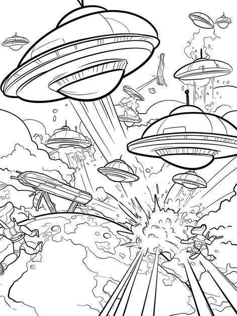 Photo a black and white drawing of a group of flying saucers