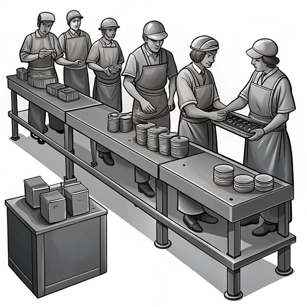 Photo a black and white drawing of a group of workers working in a factory