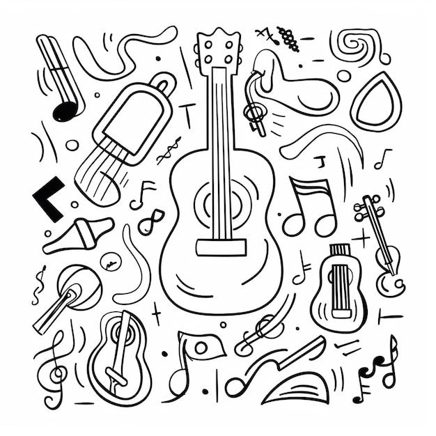 Photo a black and white drawing of a guitar and other objects