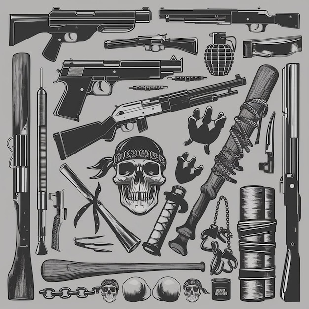 Photo a black and white drawing of guns and guns