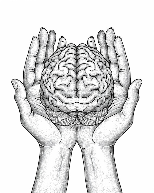 Black and White Drawing of Hands Holding a Brain