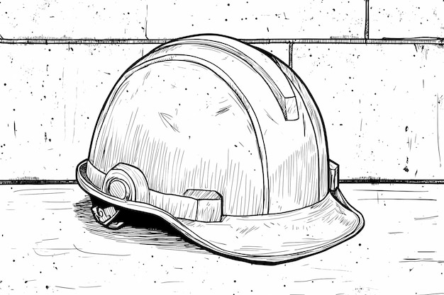 a black and white drawing of a hard hat that has a brim and a helmet on it