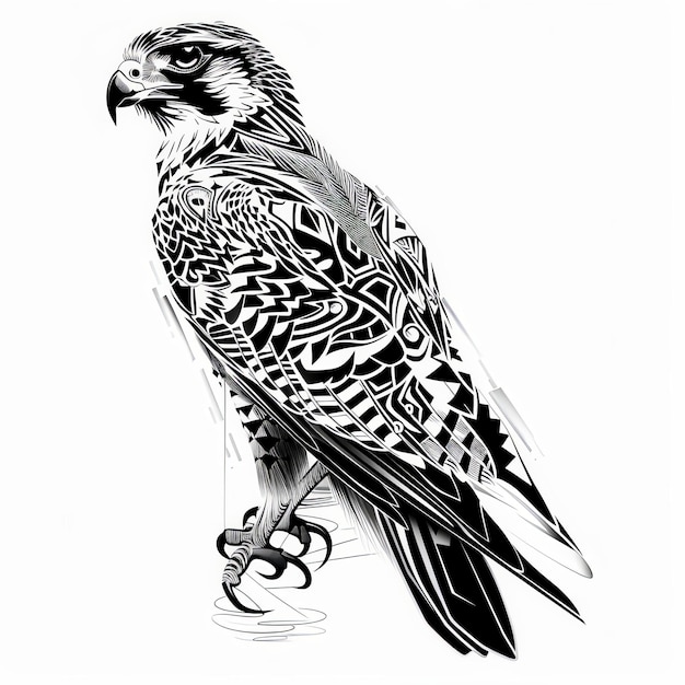 a black and white drawing of a hawk with a hawk on it