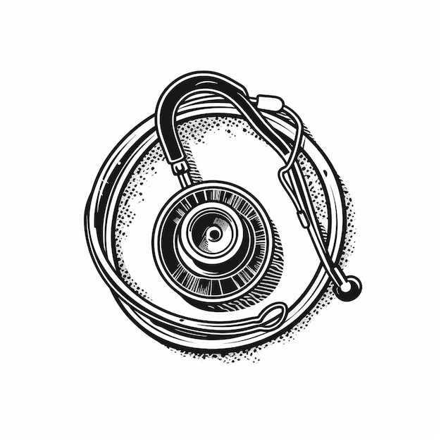 a black and white drawing of a headphones with a chain and a cap