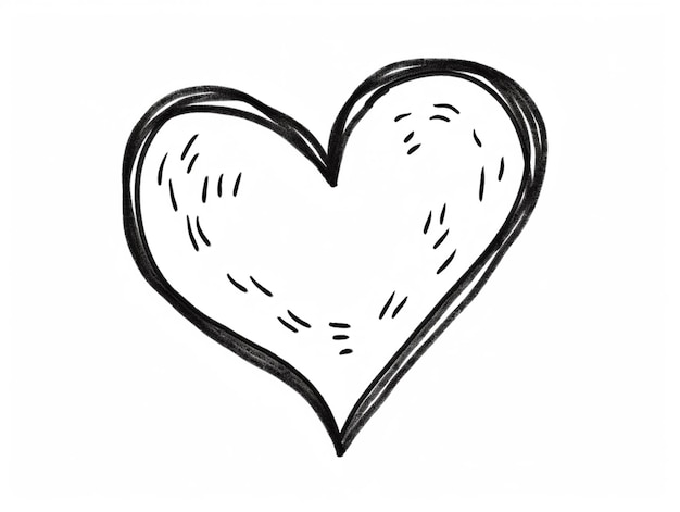 A black and white drawing of a heart with a white background.