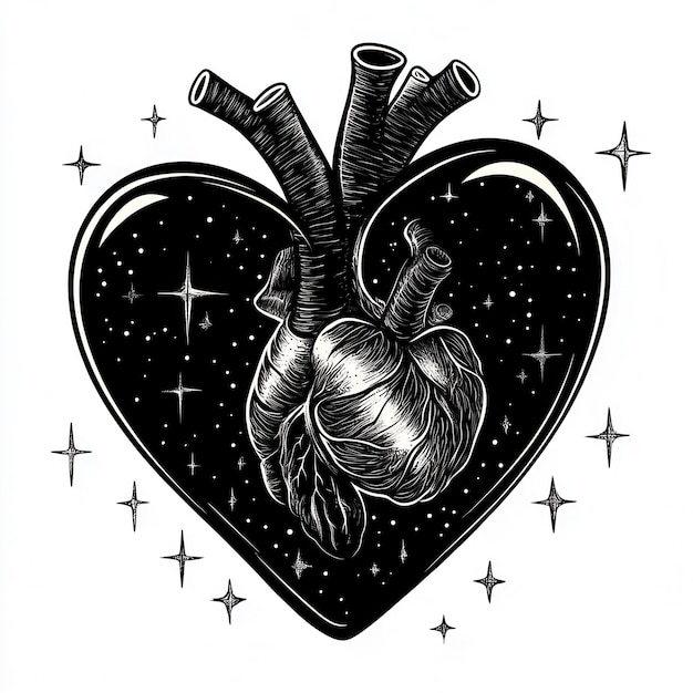 Photo a black and white drawing of a heart with the word heart on it