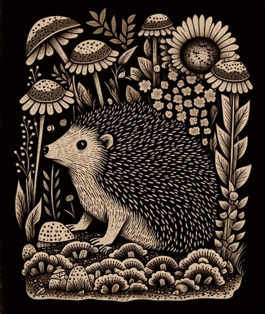 A black and white drawing of a hedgehog in a garden.