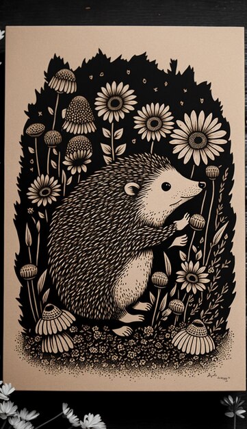 A black and white drawing of a hedgehog with flowers in the background.