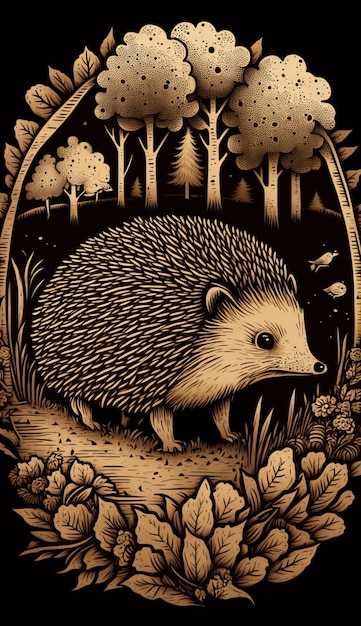 A black and white drawing of a hedgehog with a tree in the background.