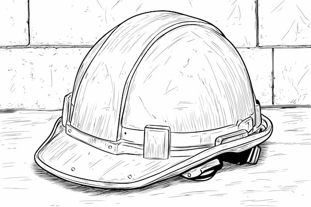 a black and white drawing of a helmet with a brim and a cap on it