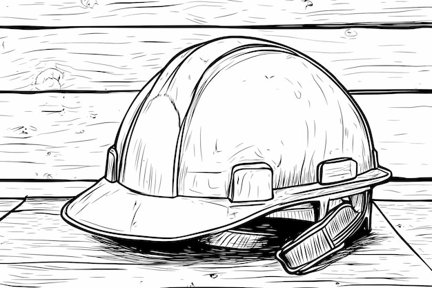 a black and white drawing of a helmet with a brim and a cap