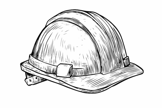 a black and white drawing of a helmet with a metal band