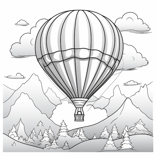 a black and white drawing of a hot air balloon flying over a mountain generative ai