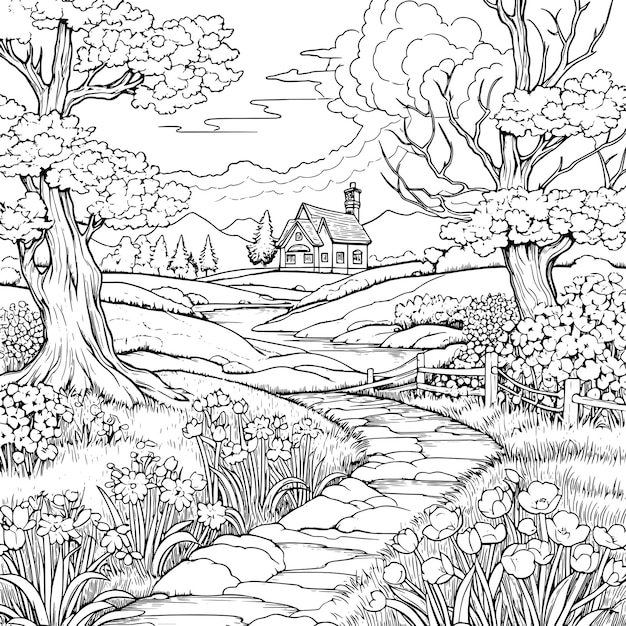 Photo a black and white drawing of a house in a garden