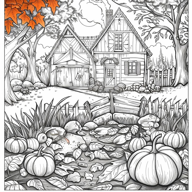 a black and white drawing of a house in the pumpkin patch