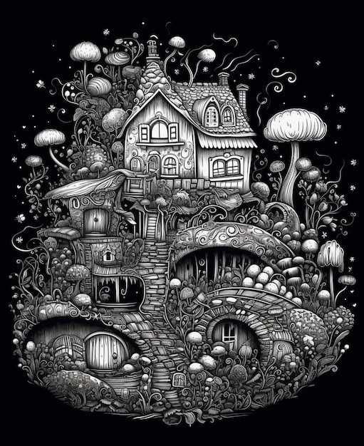 a black and white drawing of a house surrounded by mushrooms generative ai