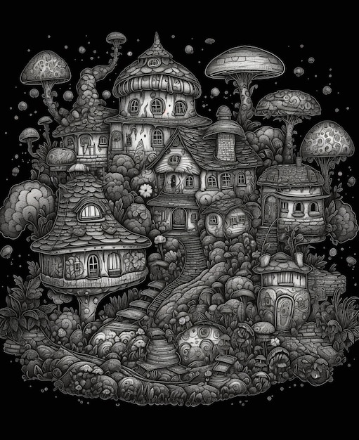 a black and white drawing of a house surrounded by mushrooms generative ai