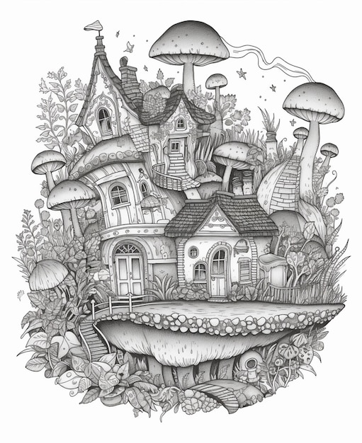 a black and white drawing of a house surrounded by mushrooms generative ai