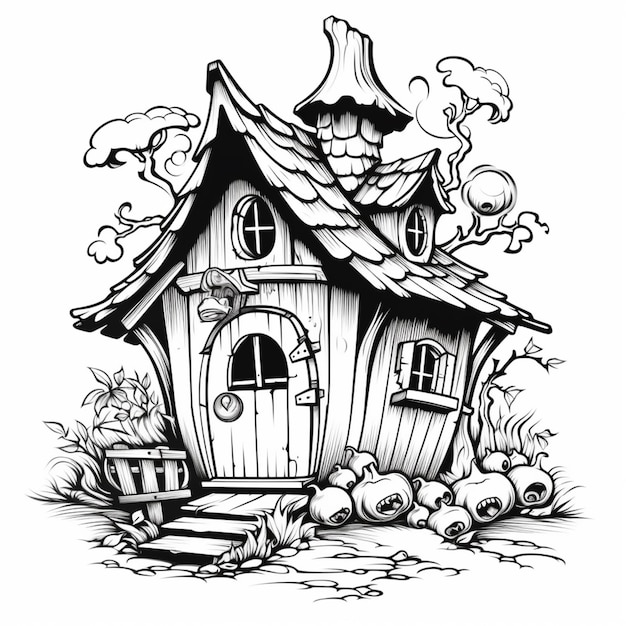 a black and white drawing of a house with a chimney generative ai