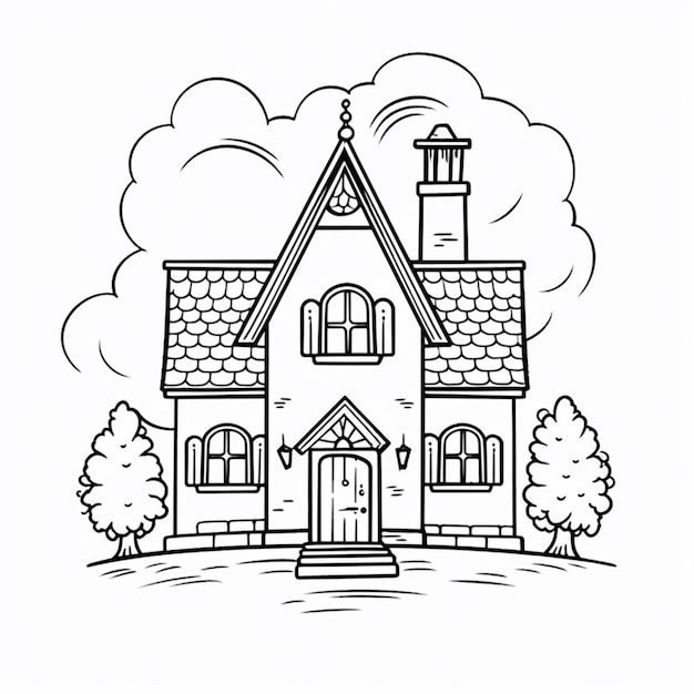 a black and white drawing of a house with a chimney generative ai