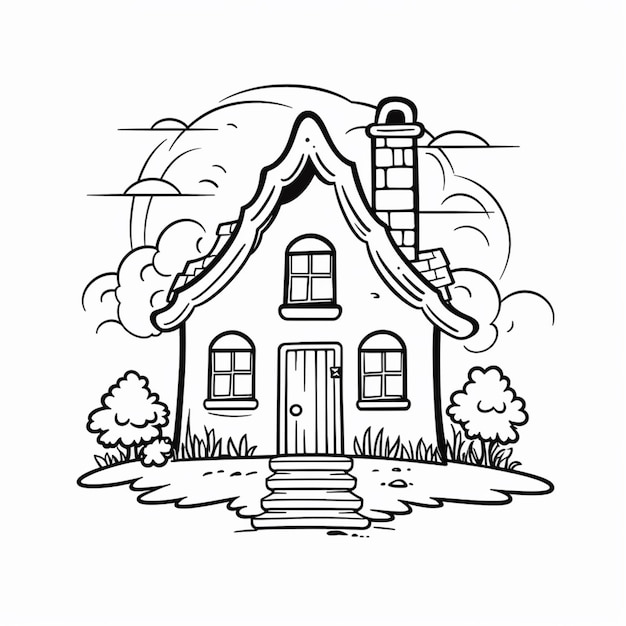 a black and white drawing of a house with a chimney generative ai