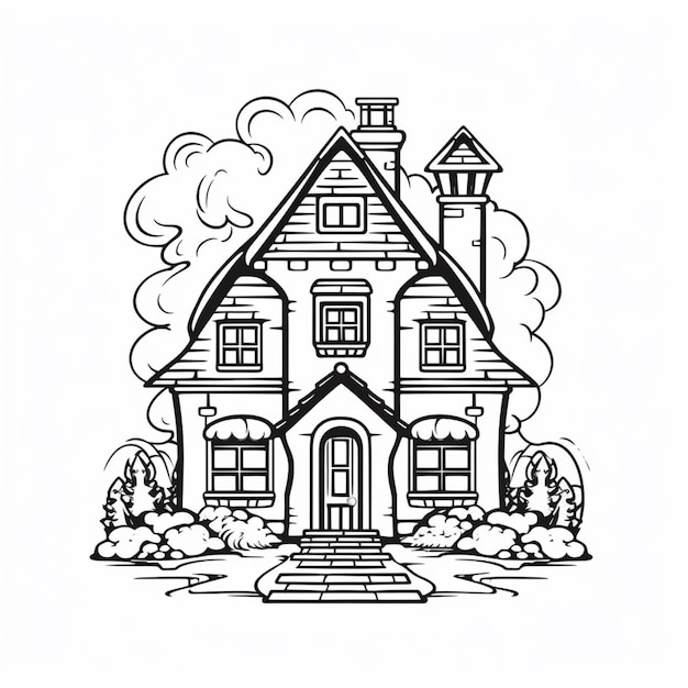 a black and white drawing of a house with a chimney generative ai