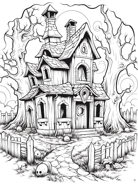 Photo a black and white drawing of a house with a fence and a fence ai generated