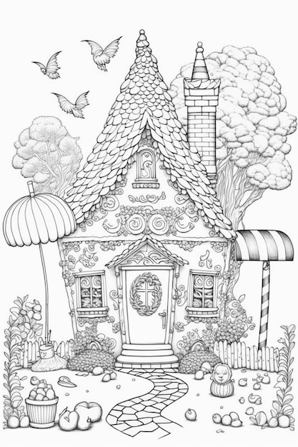 A black and white drawing of a house with a garden generative ai