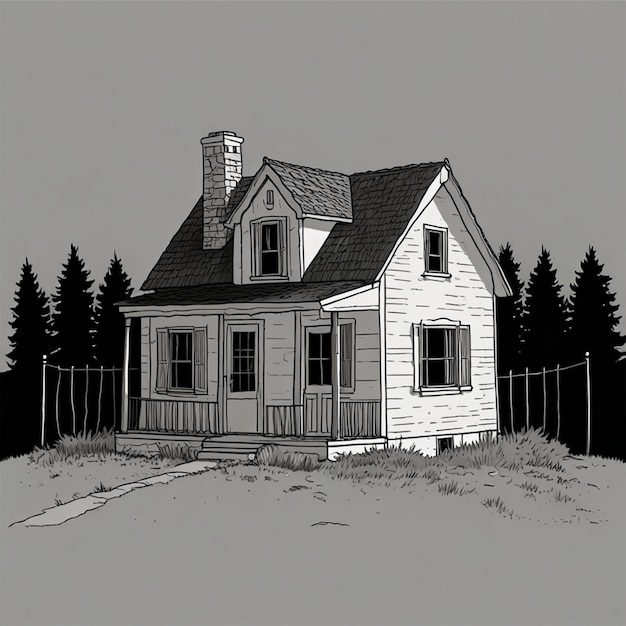 a black and white drawing of a house with a house in the background