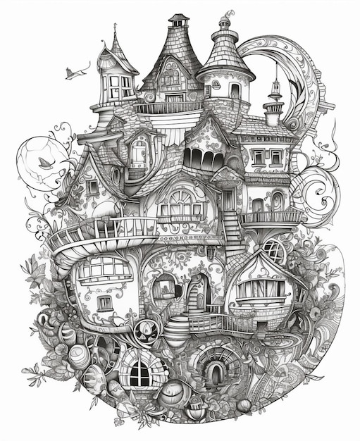 a black and white drawing of a house with a moon in the sky generative ai