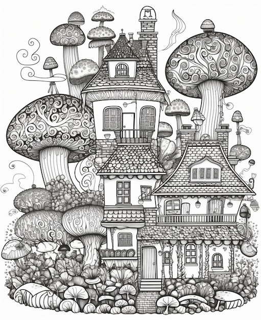 A black and white drawing of a house with a mushroom house in the background.