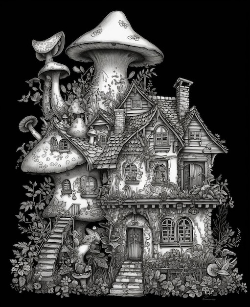 a black and white drawing of a house with mushrooms and flowers generative ai