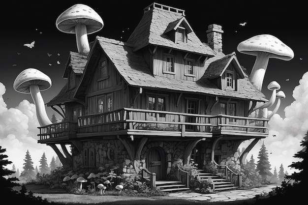 A black and white drawing of a house with mushrooms on the roof generative ai