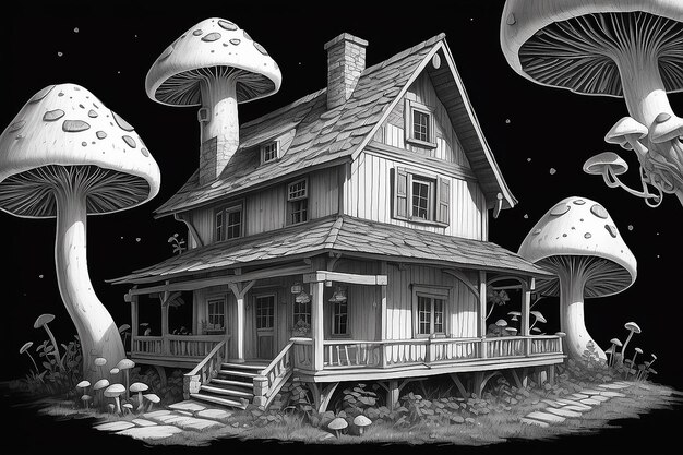 A black and white drawing of a house with mushrooms on the roof generative ai