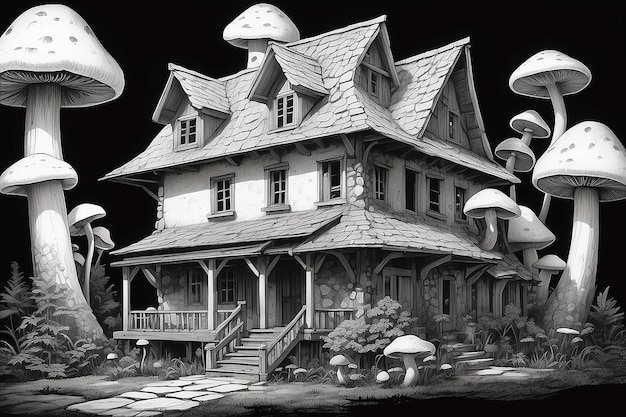 A black and white drawing of a house with mushrooms on the roof generative ai