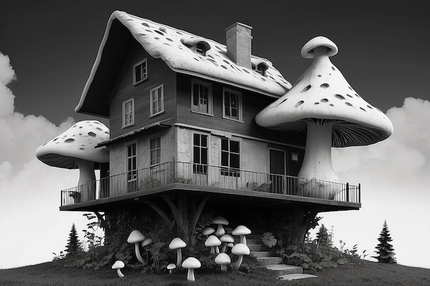 A black and white drawing of a house with mushrooms on the roof generative ai