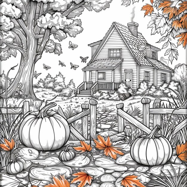 a black and white drawing of a house with pumpkins and pumpkins