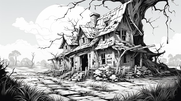 a black and white drawing of a house with a scary tree on the roof