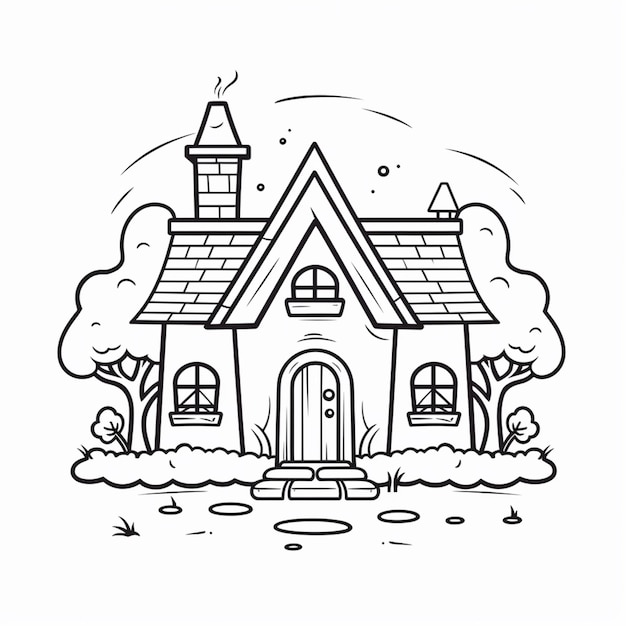 a black and white drawing of a house with a steeple generative ai