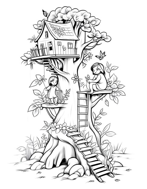 Photo a black and white drawing of a house with a tree on the bottom