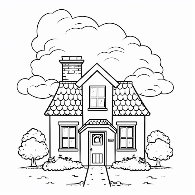 a black and white drawing of a house with a tree in the front generative ai