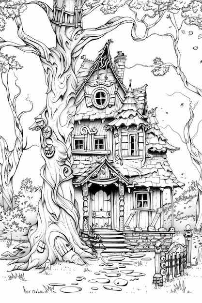 a black and white drawing of a house in the woods generative ai