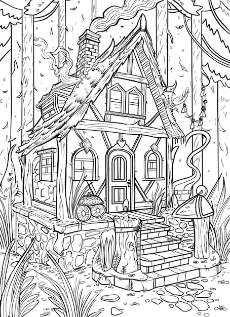 a black and white drawing of a house in the woods generative ai